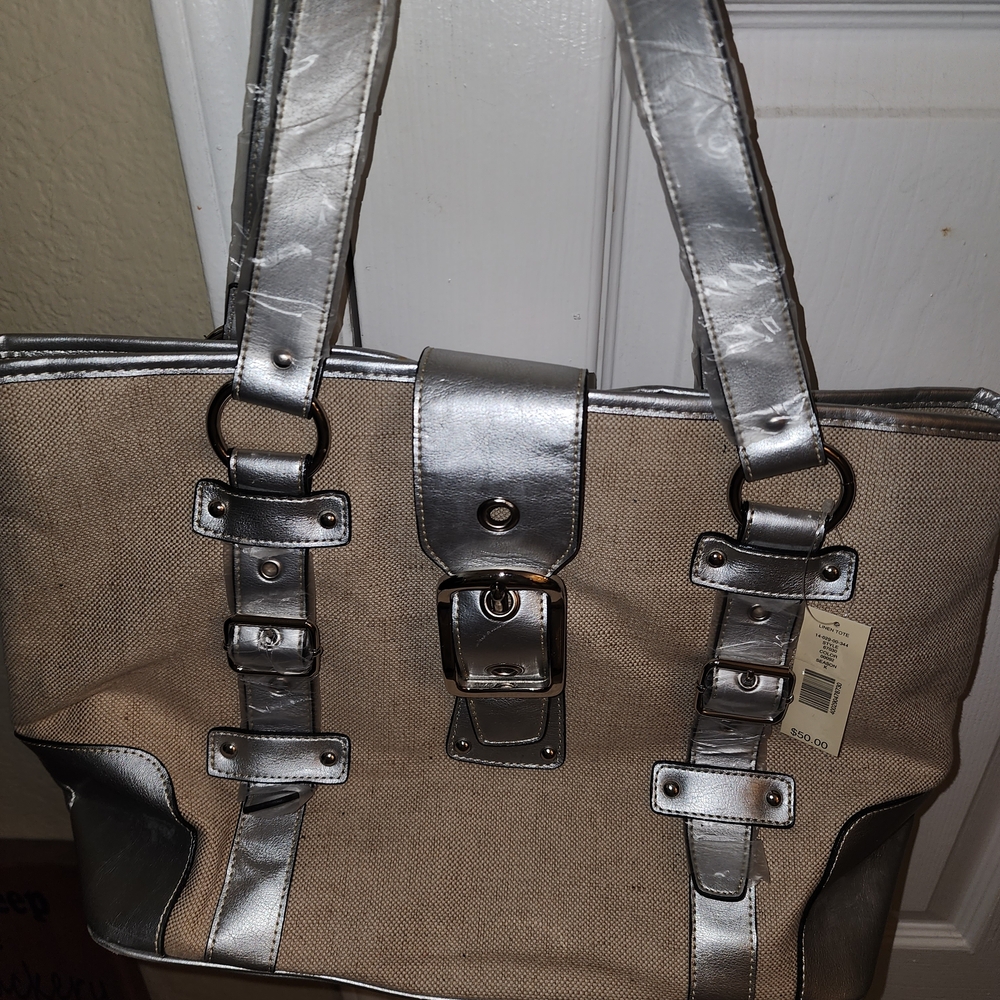Silver and Tan Tote Bag